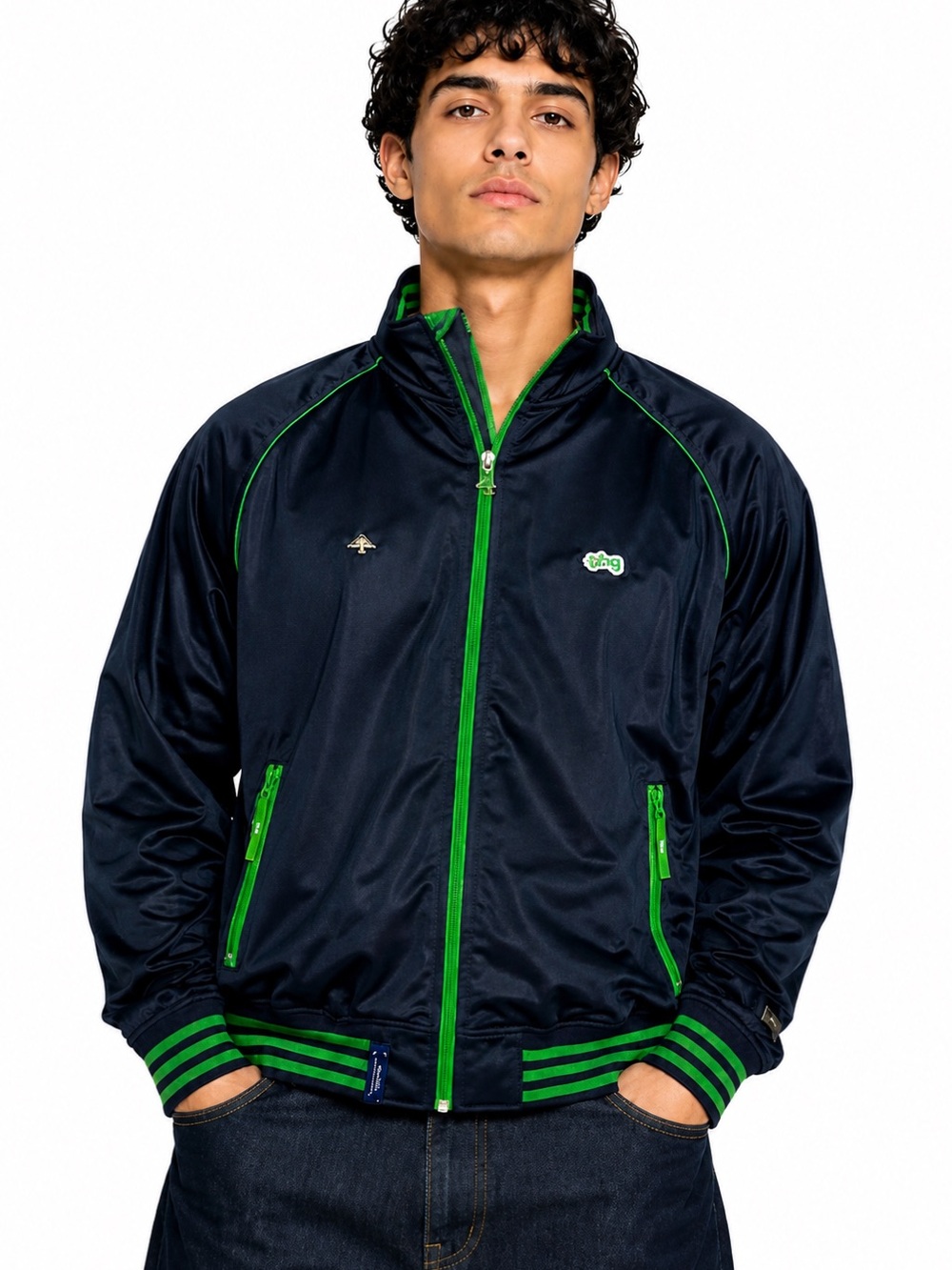 LRG Roots Navy Green Full Zip Track Jacket Mens Large Y2K Streetwear